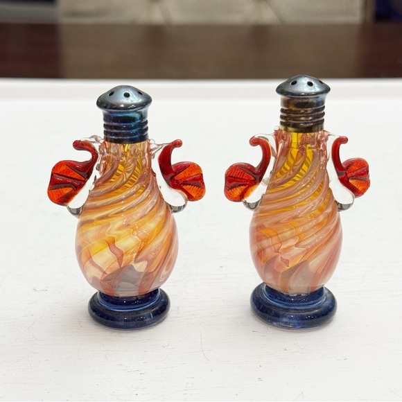 Vintage Other - Gorgeous Vintage Hand Blown Art Glass Cranberry Swirl  Salt & Pepper Shakers